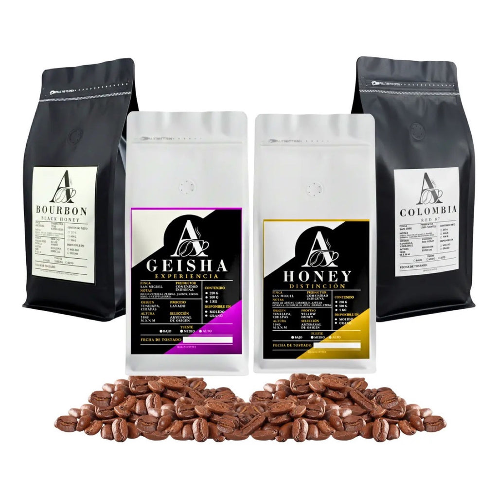 Kit 4 Cafés — Geisha, Yellow Honey, Red Honey y Bourbon Lavado — Aldia Coffee